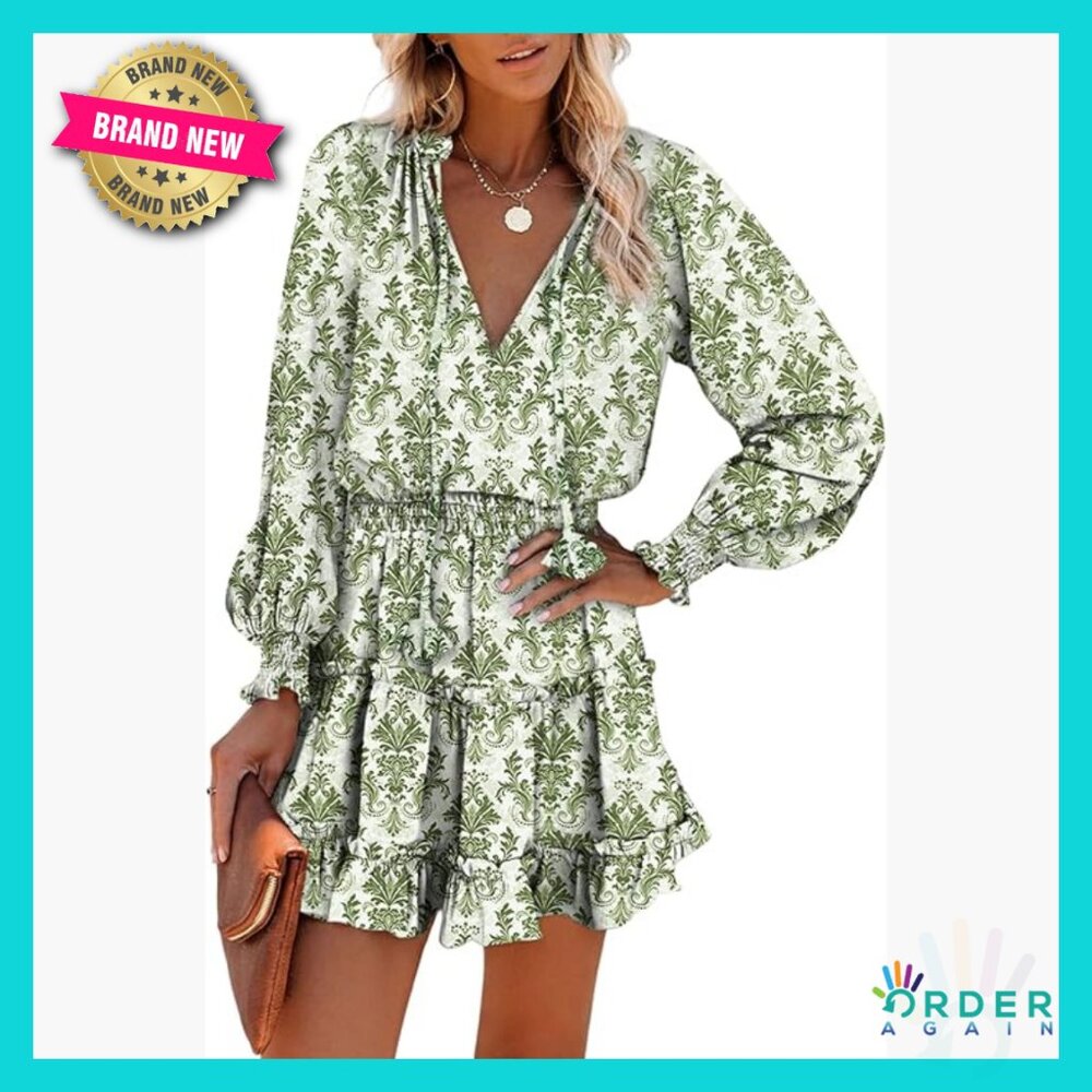 Boho Floral Mini Dress Long Sleeve Smocked Waist Ruffle Tiered Chiffon Casual